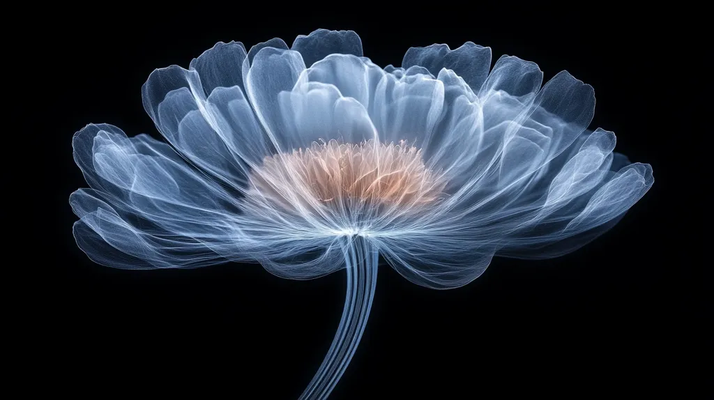 A delicate flower with translucent petals, resembling a ghostly apparition, stands out against a black background. The petals are layered and flowing, creating a sense of ethereal beauty. The center of the flower is slightly visible, a soft brown hue contrasting with the pale blue of the petals.  The image evokes a sense of fragility and otherworldly presence.