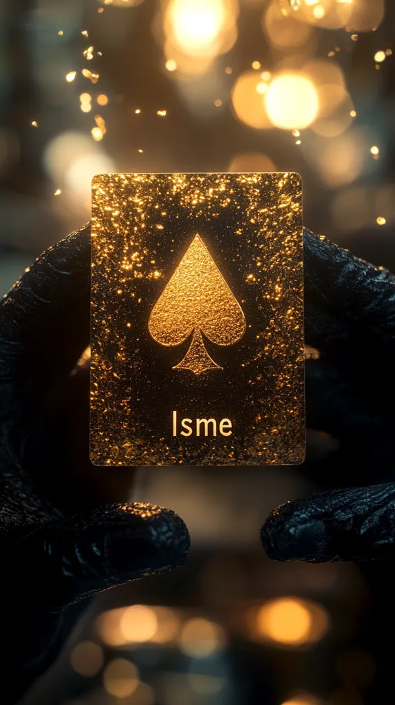 A black gloved hand holds a golden playing card with a gold spade suit and the word "Isme" on the card. The background is a warm glow of blurred out lights. The hand appears to be holding the card up to the light.