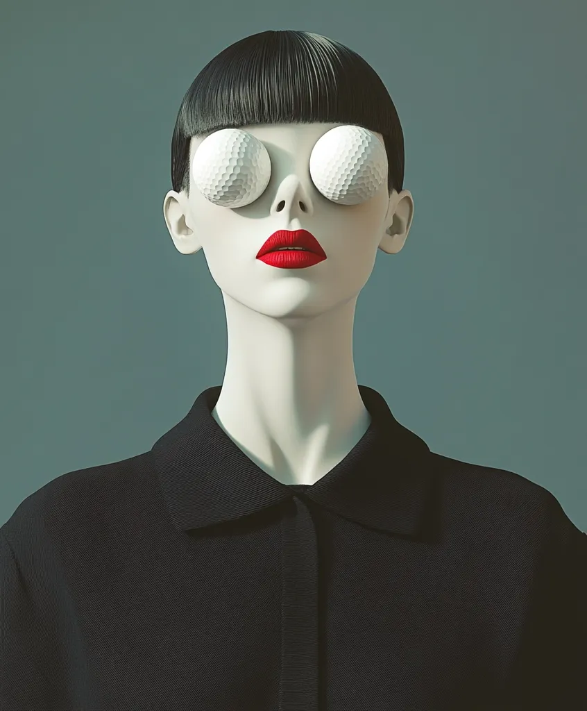 A woman with short black hair and red lipstick wears a black collared shirt. Two golf balls are placed over her eyes, creating a surreal and playful look. The background is a muted blue-green, adding to the overall minimalist aesthetic.