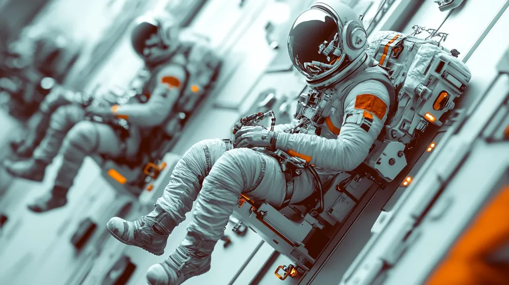 An astronaut sits in a futuristic spacecraft, his white suit and helmet blending into the stark white walls. The close-up shot focuses on his gloved hand, grasping a control panel. The orange accents on his suit and the faint reflections in his helmet add a splash of color to the otherwise monochrome scene. A second astronaut, blurred in the background, suggests a larger crew and a mission in progress. The scene evokes a sense of technological advancement and a journey into the unknown.