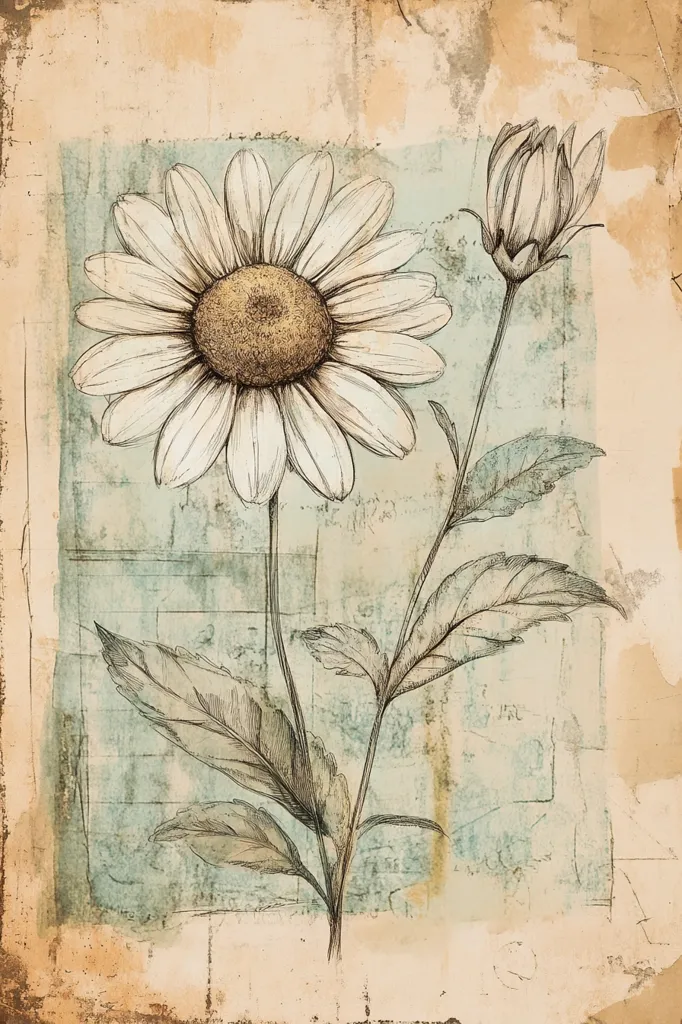 A delicate, hand-drawn illustration of a single daisy with a closed bud on a stem. The drawing is set against a textured, faded background of blue and brown tones, resembling old paper or canvas. The artistic style conveys a sense of vintage charm and nostalgia.