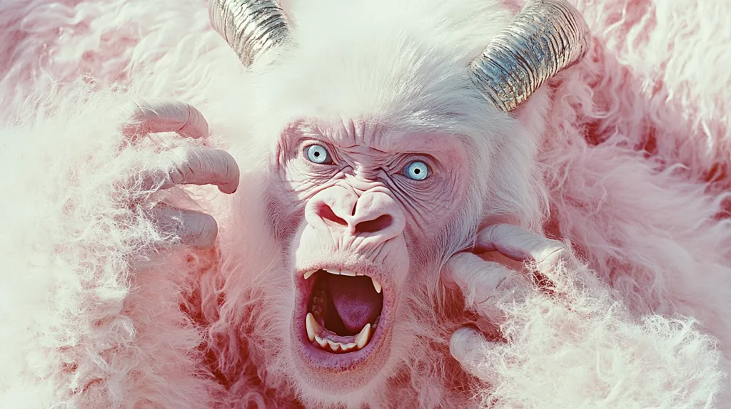 A close-up shot of a pink, furry, and horned creature with white fur. Its eyes are blue, and its mouth is open wide in a menacing roar. The creature's fur is soft and fluffy, and its horns are sharp and pointed. The image is brightly lit and appears to be taken outdoors.