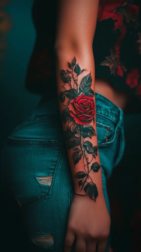 A person is wearing blue jeans with a single red rose and green leaves tattooed on their forearm. The tattoo is in a traditional style and is detailed. The tattoo extends from the elbow to the wrist. The person's hand is partially visible. The background is a dark blue and green color.