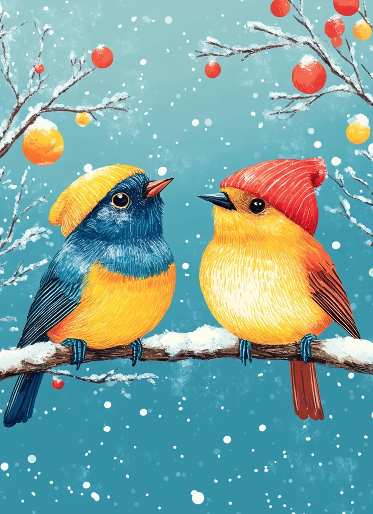 Two birds, one wearing a yellow and the other a red beanie, are perched on a snow-covered branch. The birds are facing each other, seemingly in conversation. The background is a muted blue with white snowflakes falling, creating a wintery scene.  The branch is surrounded by bare branches with red berries and a few yellow ornaments.  The scene is a whimsical illustration of two birds enjoying a wintery day.