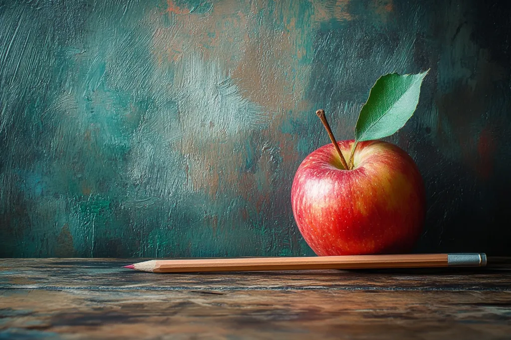 A red apple with a green leaf sits in the foreground, partially obscured by a wooden pencil lying horizontally across the table. The background is a textured teal wall. The image evokes a sense of simplicity and classic learning tools.