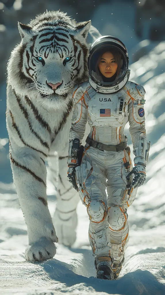 A woman in a futuristic spacesuit, marked "U.S.A.", walks alongside a majestic white tiger. The woman's face is visible through the helmet's visor, showcasing a determined expression. Both the woman and the tiger are moving forward in a snowy, icy terrain, creating a surreal juxtaposition of nature and technology. The image evokes a sense of adventure and exploration.