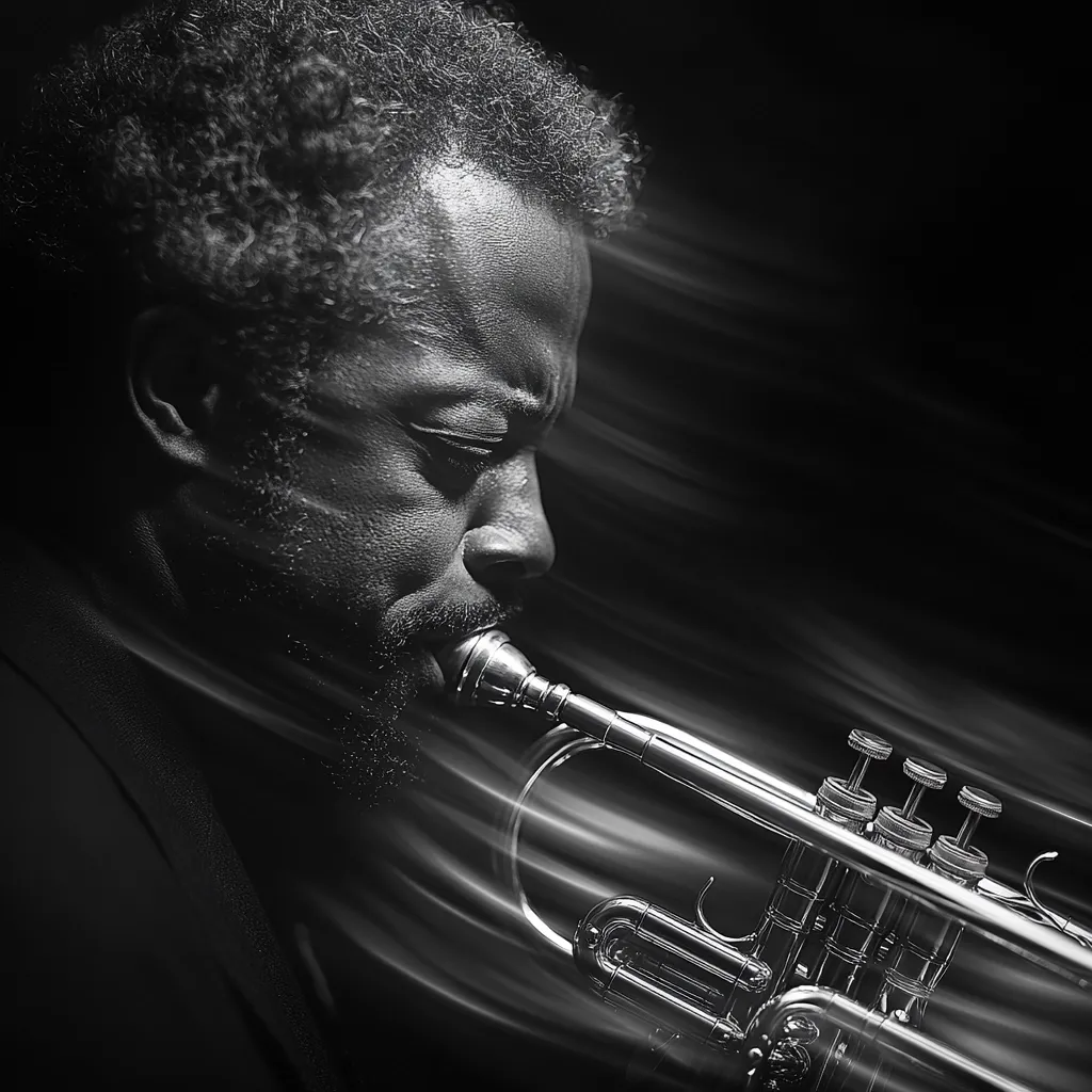 A black and white portrait of a man playing a trumpet. His eyes are closed and his face is concentrated. The image is blurred, giving a sense of motion and energy. The man appears to be lost in his music, creating a powerful and evocative scene.  The lighting is dramatic, highlighting the contours of his face and the trumpet. The overall effect is one of intensity and passion.