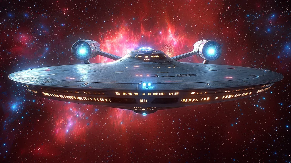 The image shows a spaceship, likely from the Star Trek franchise, flying through a starry space. The spaceship has a saucer-shaped main body and two smaller nacelles on either side. The background is a deep space scene with a nebula in vibrant red and purple hues. The ship's lighting and details are well-rendered, creating a realistic and awe-inspiring image.
