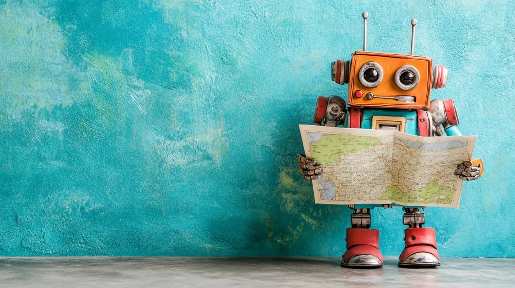 A vintage robot stands in front of a turquoise wall, holding a folded map in its metallic hands. The robot has large, round eyes, a blue body, and red boots. Its expression is neutral, suggesting a focus on the map and its destination. The image evokes a sense of exploration and adventure, with the robot's journey symbolizing the boundless possibilities of technology.