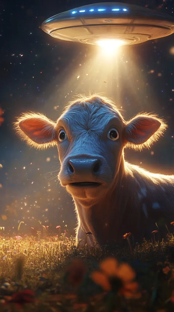 A white cow with large, expressive eyes stares up at a flying saucer hovering overhead. The saucer emits a bright light, illuminating the cow and the surrounding field of wildflowers. The scene is surreal and whimsical, suggesting a close encounter of the bovine kind.