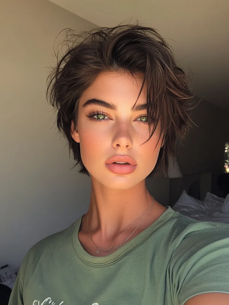 A young woman with short, choppy brown hair and a messy, effortless look is wearing a green t-shirt. Her green eyes are accentuated with makeup and she is wearing a gold necklace. The background features a soft, blurred image of a bed with white sheets. The lighting is natural, casting a warm glow on her face.  She appears to be relaxed and confident.