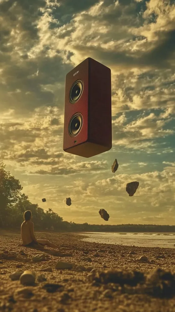 A large red speaker floats in the sky above a sandy beach. The speaker has two large speakers on the front, and a smaller one on the top. Small, dark rocks are falling from the sky around the speaker. A person sits on the beach facing the sky, watching the speaker. The sky is cloudy and golden in color. The beach is empty and serene. The image feels surreal and dreamlike.