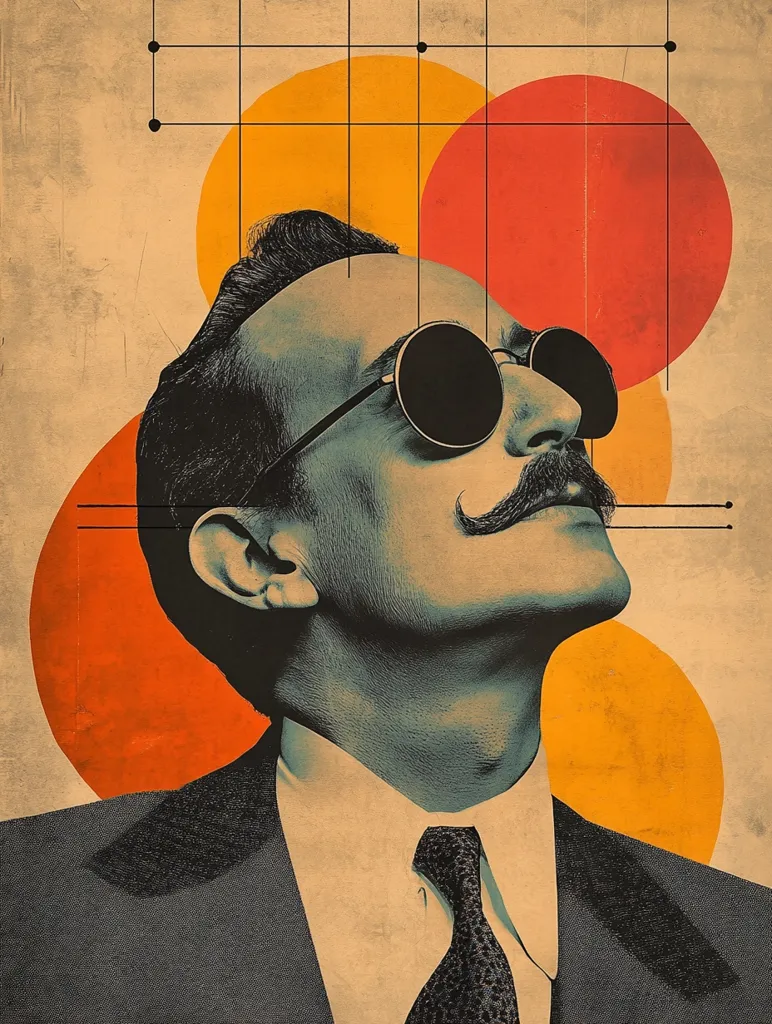 A man with a thick mustache and black sunglasses stares upward, tilting his head back. He is dressed in a dark suit with a white shirt and a dark tie. He is positioned against a background of large, overlapping colored circles with a grid pattern overlaid. The image is stylized and reminiscent of vintage graphic design.  The man's expression is enigmatic, with his eyes closed and his mouth slightly open. The overall effect is one of mystery and intrigue.