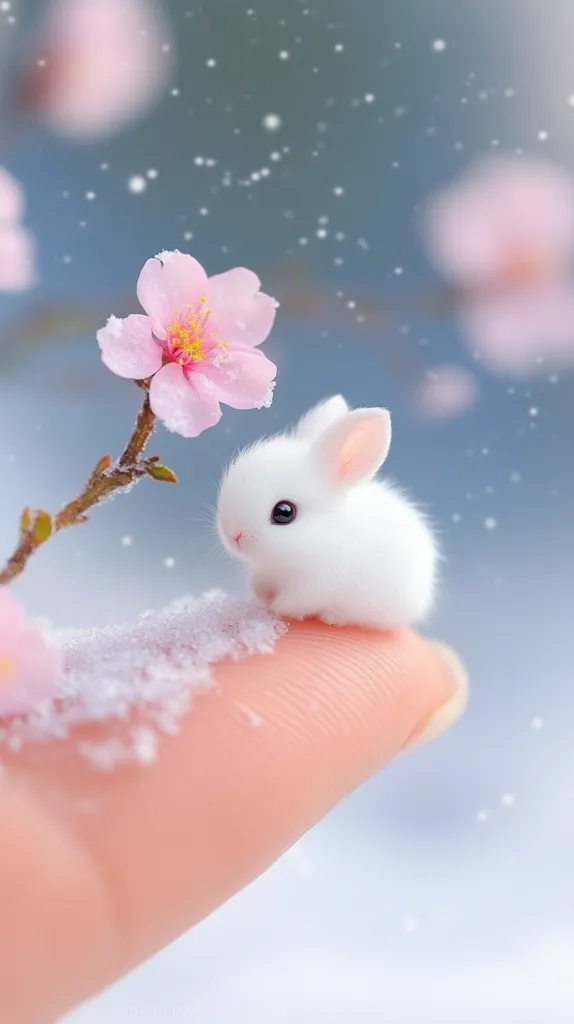 A tiny white rabbit sits on a finger, looking up with big, dark eyes. It is surrounded by soft, white snow and a delicate pink flower, creating a whimsical and adorable scene. The background is a blurry, light blue with subtle white specks, suggesting a snowy day. The image captures the delicate beauty of nature and the innocent charm of a small creature.