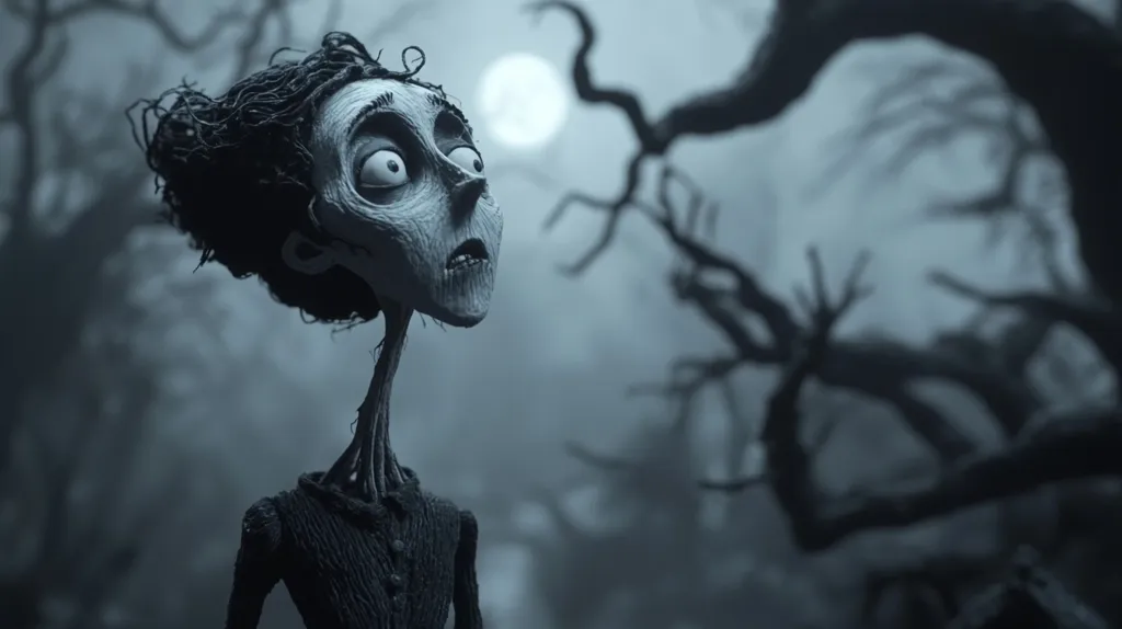 The image shows a stop-motion character with an elongated neck and large eyes looking up at a bright moon in the night sky. They are standing in a forest filled with shadowy trees, creating a mysterious and eerie atmosphere.  The character is made of clay or a similar material, with a rough, textured appearance.  The image is likely from a horror or fantasy film, creating a sense of unease and suspense.