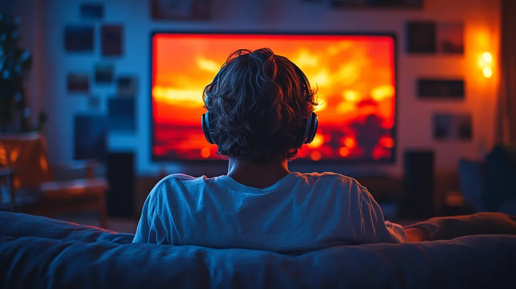 A person sits on a couch with headphones on, facing a large TV screen displaying a fiery orange landscape. The room is dimly lit, casting blue and orange hues on the person and the couch. The person appears relaxed and absorbed in the screen. The image captures a moment of solitude and entertainment.