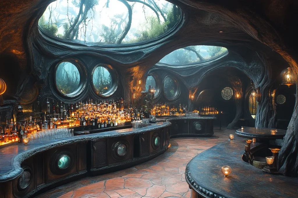 The image shows a bar inside a cave-like structure.  The ceiling is made of dark, textured rock with large circular openings revealing a lush green forest above. The bar itself is made of dark wood and stone, with rows of bottles lining the back and glowing lights illuminating the space. The interior has a mysterious and atmospheric feel, reminiscent of a fantasy movie set.  The dim lighting casts long shadows, adding to the ambiance.