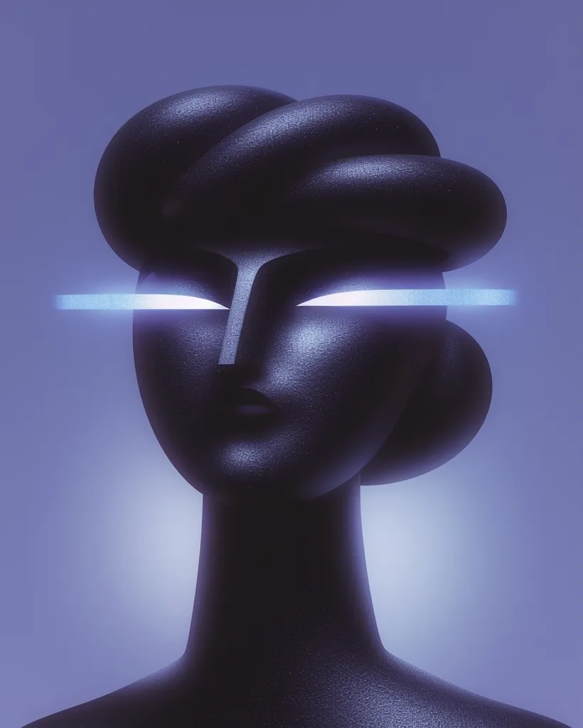 The image shows a close-up of a black, sculpted bust. The bust features a smooth, stylized face with closed eyes and a prominent nose. There is a thin, bright, blue line running horizontally across the bust's eyes, and the bust's head is styled in a bun. The background is a soft purple. The image is rendered in a digital style.
