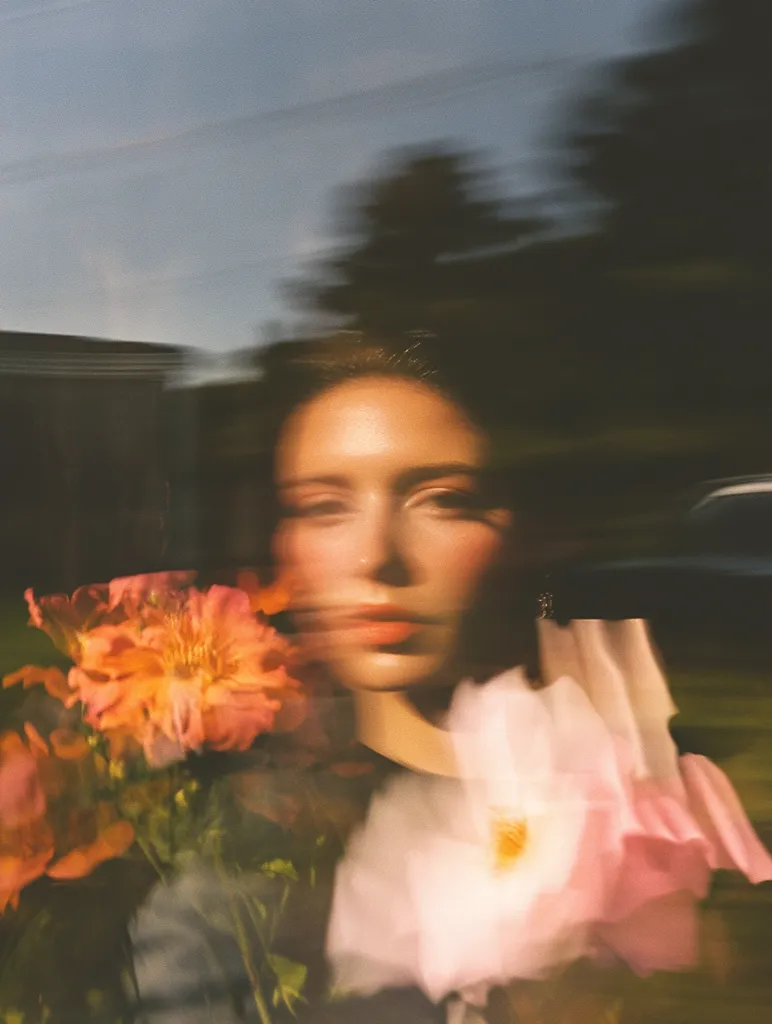 A woman with long dark hair is seen through a blurry window. She is wearing a black shirt and holding a bouquet of peach and pink flowers. The background is blurry, but it appears to be a green field or forest. The overall image is soft and romantic, giving off a dreamy vibe. The woman's expression is unreadable, leaving the viewer to wonder about her thoughts and feelings. The blurred window adds to the dreamy atmosphere, making the image feel like a moment caught in time.