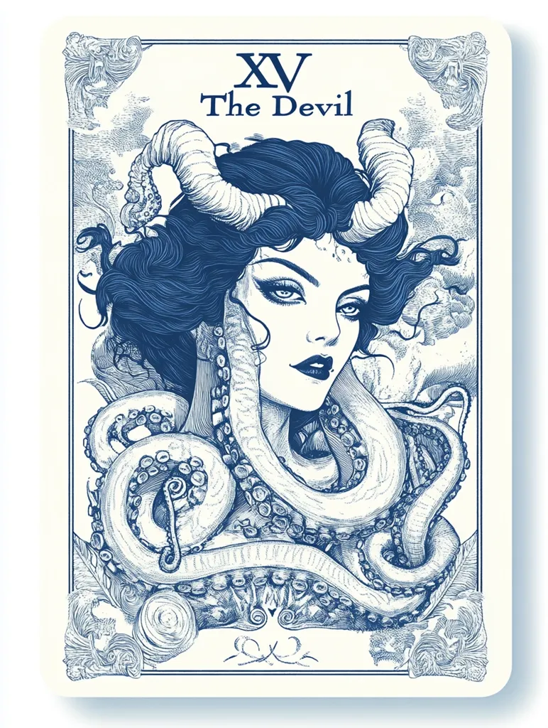 The image depicts a tarot card, The Devil, with a blue and white color scheme. A woman with horns and long, flowing hair is depicted with an octopus wrapped around her neck and shoulders. The image is drawn in a detailed, intricate style.  The card's title, "The Devil," and number "XV" are prominently displayed.  The background features intricate, swirling patterns.