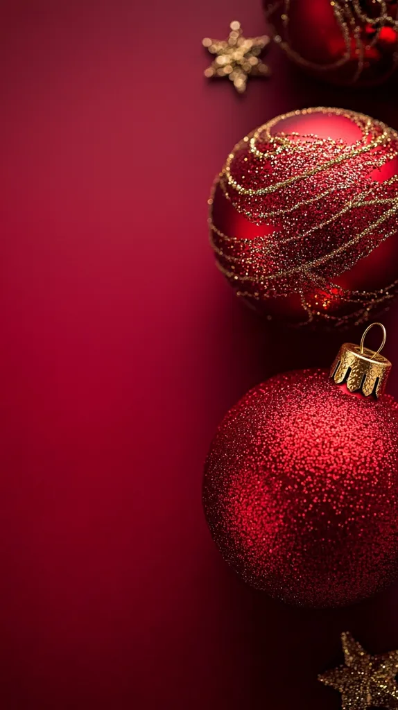 Two shiny red Christmas ornaments with gold glitter accents are placed against a red background. One ornament has a gold swirl design, while the other is completely covered in glitter. A gold star is out of focus in the upper left corner of the image. The red background is blurred.