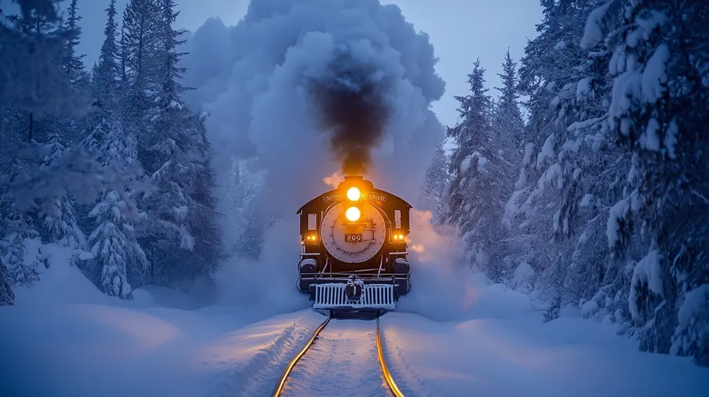 A steam engine train, billowing smoke, emerges from a snowy forest. The train is illuminated by its headlights, casting a warm glow on the snow-covered landscape. The trees are heavily laden with snow, creating a magical and serene winter scene. The train appears to be moving forward, carrying passengers into the unknown.