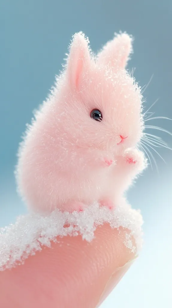 A tiny pink rabbit with large, dark eyes sits on a finger covered in snow. The rabbit has fluffy fur and is looking directly at the camera with a sweet expression. The background is a soft blue, creating a dreamy and whimsical image.  The overall effect is one of innocence and cuteness.