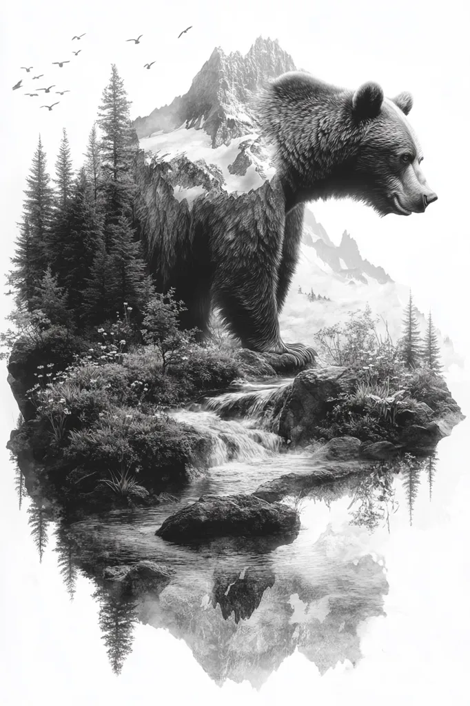 The image is a black and white illustration of a bear standing on a mountain peak. The bear is facing to the right, looking out over a landscape of snow-capped mountains. The mountain is obscured by a waterfall and a forest below, which flows into a small lake, creating a surreal scene. The image is drawn in a realistic style and the details are well-defined. The use of black and white creates a dramatic and ethereal feel.