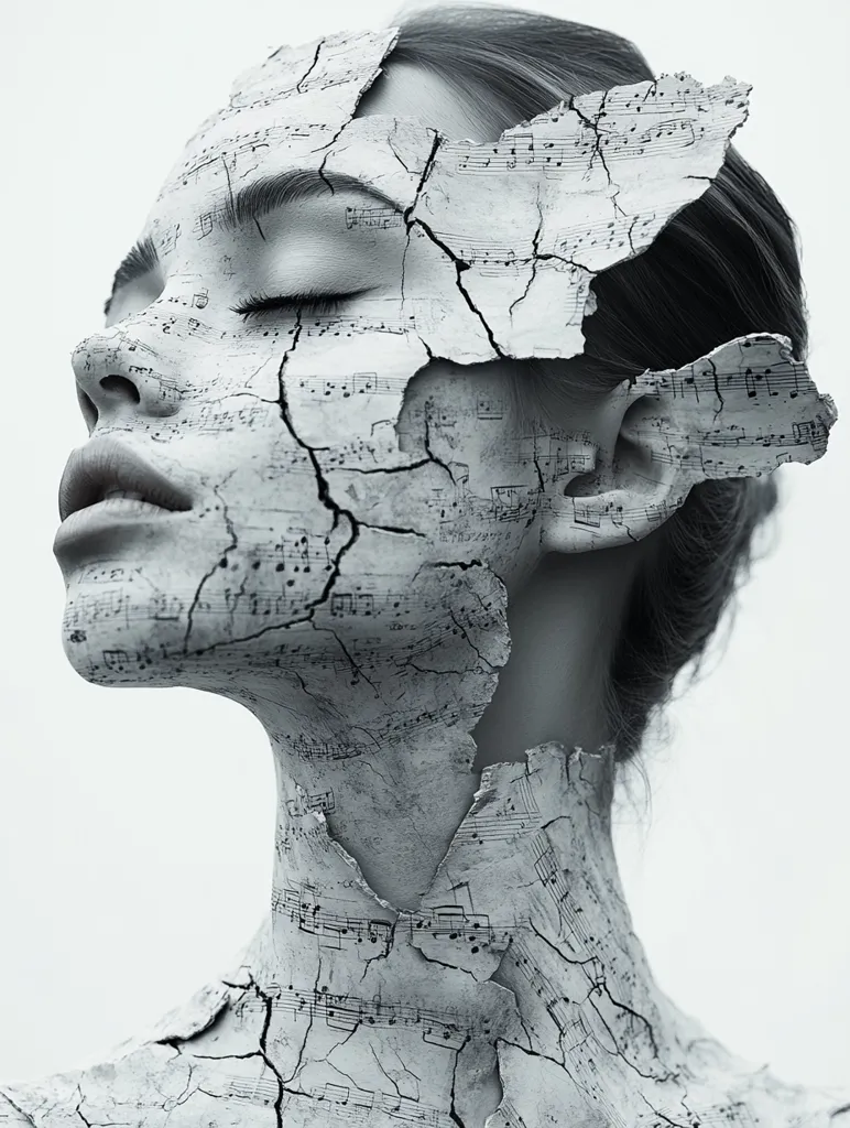 A woman's face is covered in cracked, weathered skin. The cracks reveal a layer of sheet music underneath, suggesting a connection between the fragility of humanity and the enduring power of art. The image is in black and white, emphasizing the starkness of the subject.  The woman's closed eyes suggest a sense of vulnerability and contemplation.  The overall effect is one of both beauty and melancholy.