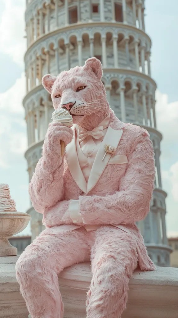 A pink, furry creature, resembling a lion in a suit, sits on a stone ledge in front of the Leaning Tower of Pisa. The creature is holding an ice cream cone in its hand, with a bow tie and a flower on its lapel. The image is whimsical and playful.