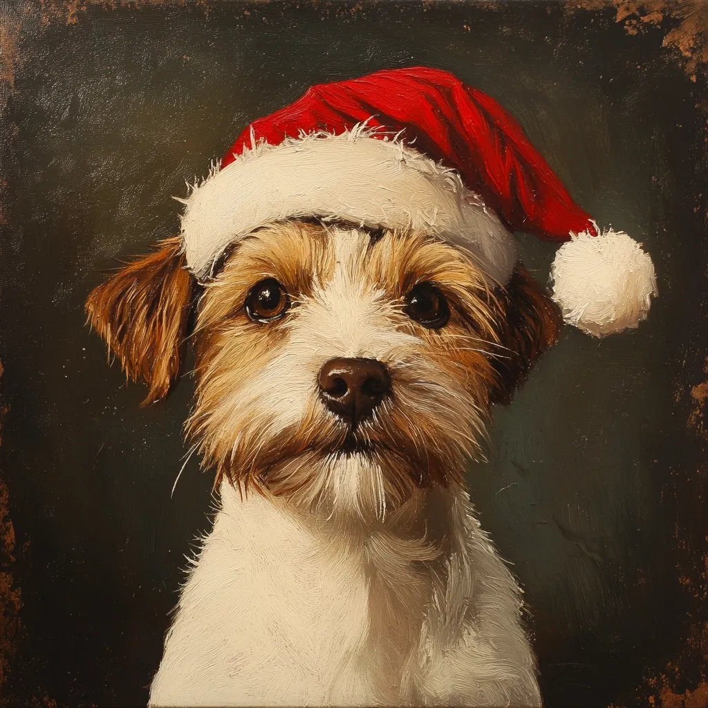 A small dog, possibly a Jack Russell Terrier, with a white and brown coat, wears a red Santa hat with a white pom-pom. The dog stares directly at the viewer with a serious expression. The background is a dark brown, creating a simple and elegant portrait. The painting appears to be done with thick, textured oil paints.  The dog's fur and the Santa hat are rendered in a realistic style.