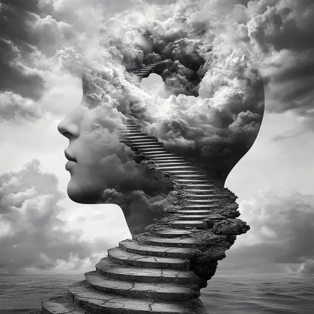 The image is a surreal depiction of a human head outlined by clouds. A stone staircase ascends through the clouds, leading to an opening in the sky. The staircase is also a cliff face, adding to the sense of mystery and possibility. The black and white color palette adds a somber and ethereal tone. The image suggests the journey of self-discovery and the pursuit of higher knowledge.