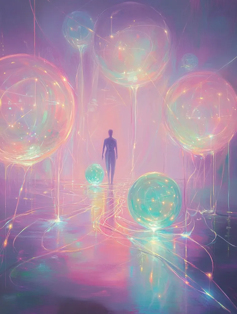 A lone figure walks through a surreal landscape of iridescent bubbles. The bubbles, suspended by shimmering threads, cast a soft glow on the pink and purple landscape. The scene has a dreamy, ethereal quality, suggesting a fantastical or otherworldly realm. The figure, small and indistinct, creates a sense of mystery and wonder.