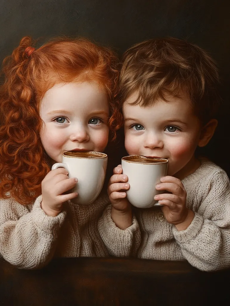 A young girl with long red hair and a boy with brown hair are sitting close together. They are both dressed in beige sweaters and holding white mugs with brown liquid.  They both look at the camera with a slight smile. The background is a dark brown.