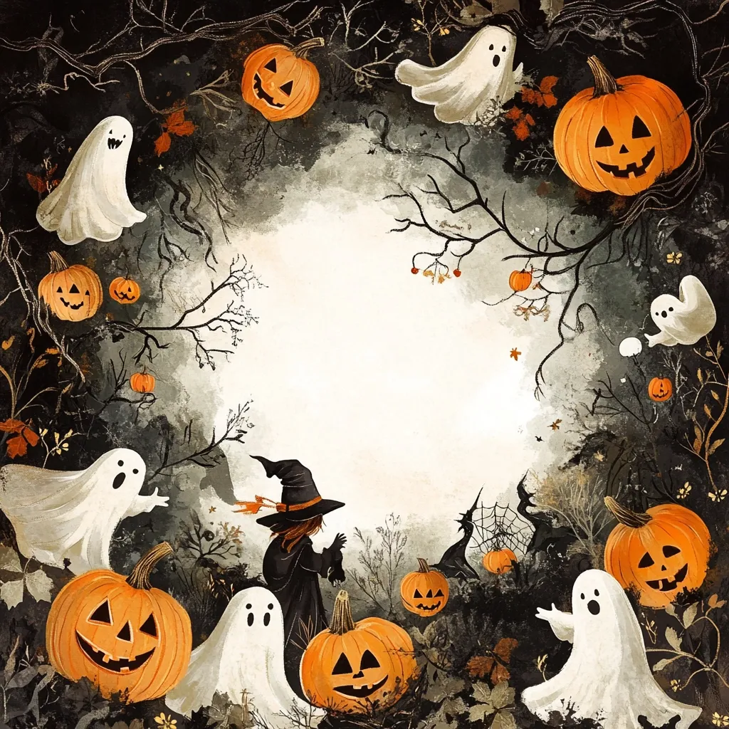 A whimsical Halloween scene with a witch, ghosts, and pumpkins. The witch is standing in the center of the image, while the ghosts are floating around her. The pumpkins are scattered throughout the image, some with scary faces. The background is a dark forest with branches and leaves. The overall feel of the image is playful and spooky.  The image is stylized as a watercolor painting with a dreamy quality to it.  There is a blank space in the middle where someone could add a message or text.