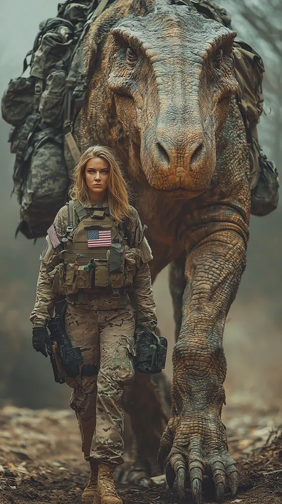 A young woman in military fatigues walks beside a massive dinosaur. She is armed with a rifle and wears a tactical vest with an American flag patch. The dinosaur is covered in scales and has large, sharp claws. The scene is set in a forest, and the atmosphere is ominous.