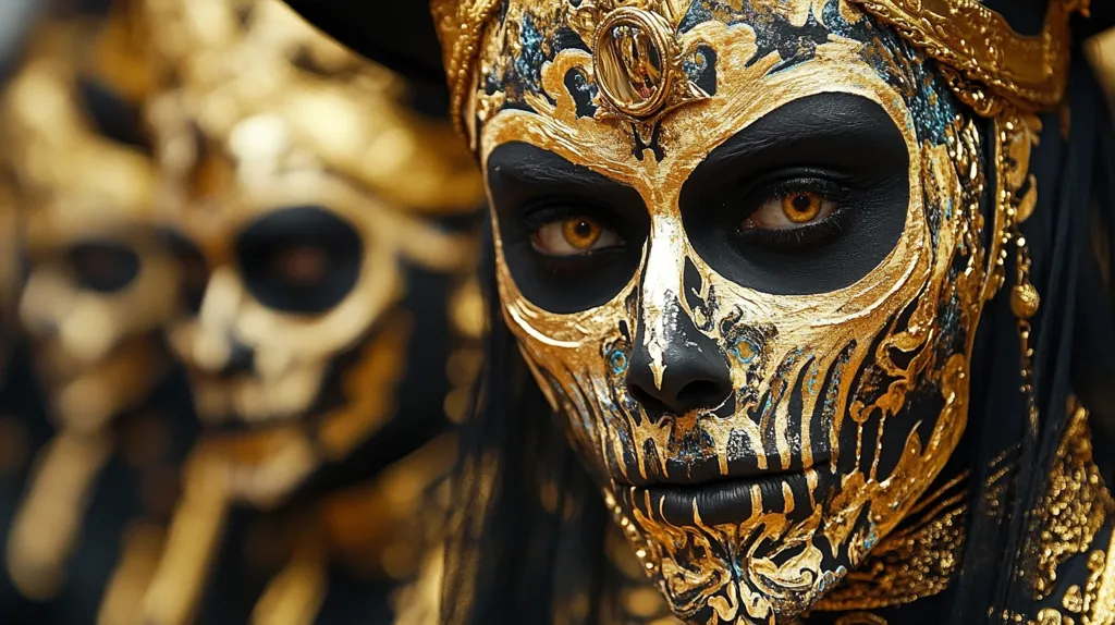 A close-up of a person wearing intricate gold and black makeup that resembles a skull. Their eyes are highlighted with bright orange eyeshadow. They are wearing a gold headpiece and their lips are painted black. The image has a dark and mysterious atmosphere.  The makeup appears to be inspired by Day of the Dead traditions.  The person's expression is serious and intense, suggesting a sense of power or mystery.