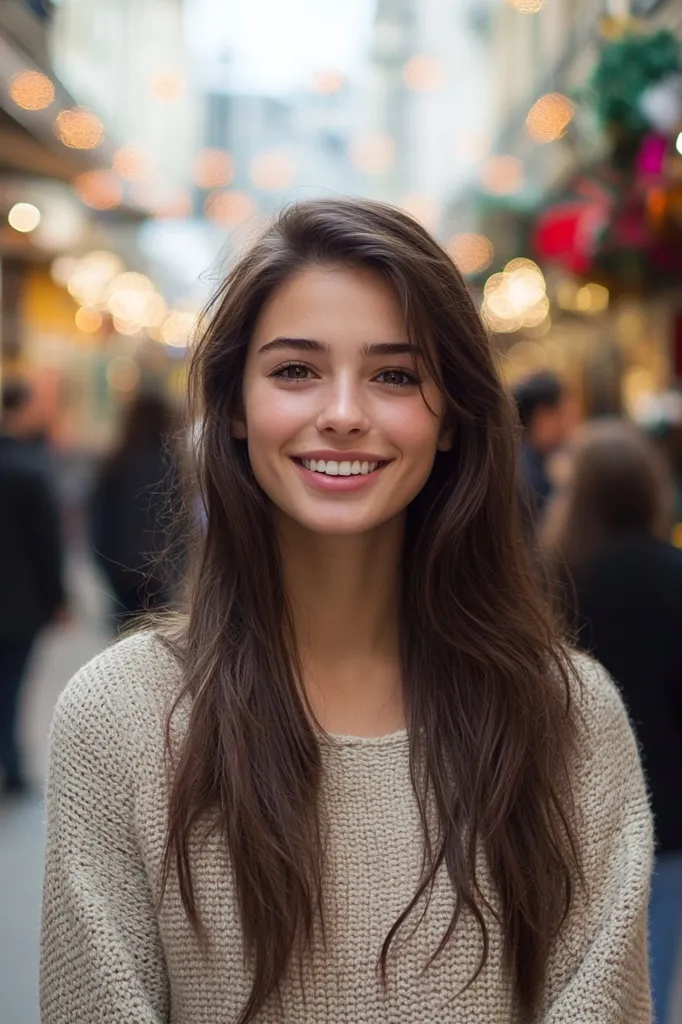 A young woman with long, dark hair is smiling brightly at the camera.  She is wearing a light brown sweater and is standing in a busy city street.  The background is out of focus, but you can see Christmas lights and decorations in the background.  She has a natural, effortless beauty, and the image captures a sense of joy and happiness.