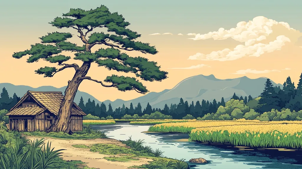 A quaint wooden house with a thatched roof sits nestled beneath a large, spreading pine tree. The house is situated near a winding river that flows through a grassy field bordered by tall reeds. In the distance, a range of mountains rises against a pale blue sky with fluffy white clouds. The image evokes a sense of tranquility and peace, suggesting a serene and secluded setting.