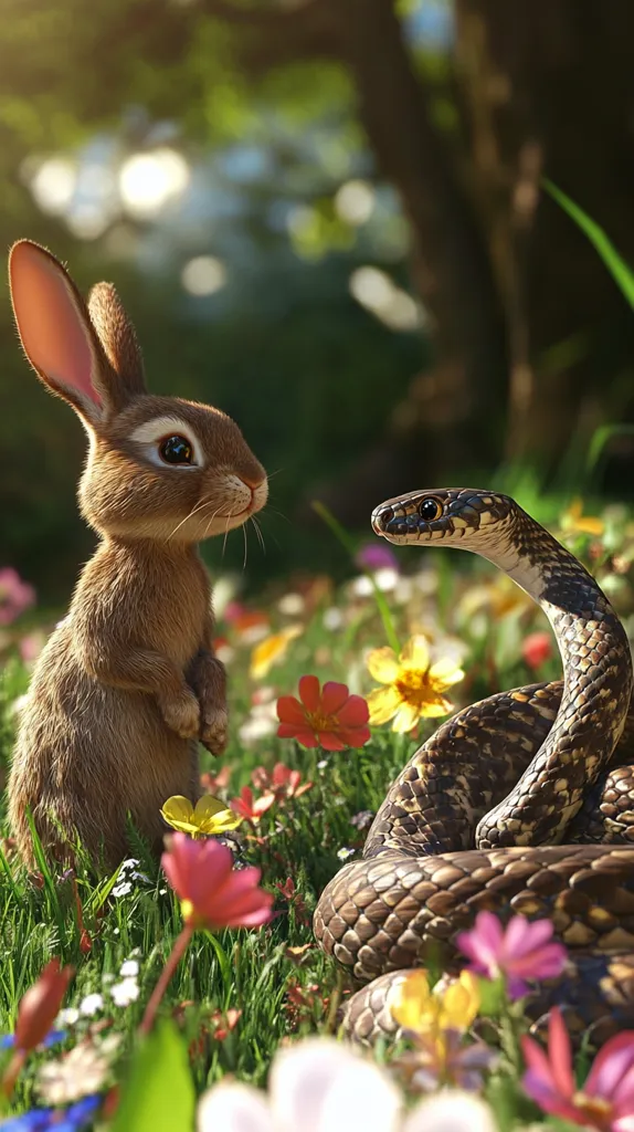 A brown rabbit with long ears stands in a field of colorful flowers, looking curiously at a brown and black snake coiled up behind it. The snake's head is raised, its eyes fixed on the rabbit. The image evokes a sense of tension and anticipation, as the two creatures engage in a silent standoff. The background is a blur of green leaves and sunlight, suggesting a tranquil forest setting.