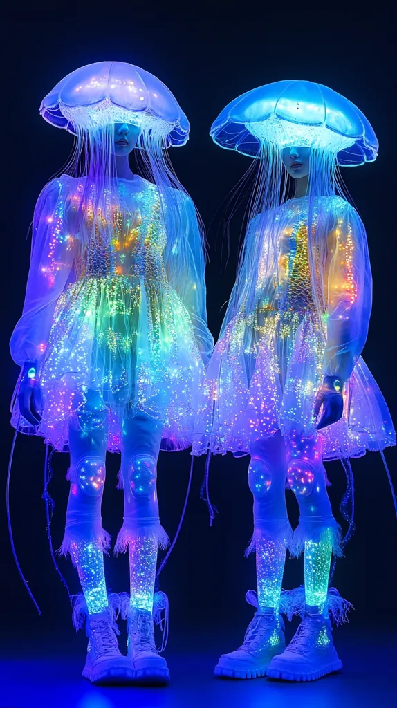 Two figures wearing glowing, translucent outfits resembling jellyfish stand against a dark background. The outfits are adorned with iridescent lights and shimmery fabric. The figures wear white boots with luminous accents, adding to the otherworldly and futuristic aesthetic. The overall effect is ethereal and captivating, creating a sense of wonder and magic.