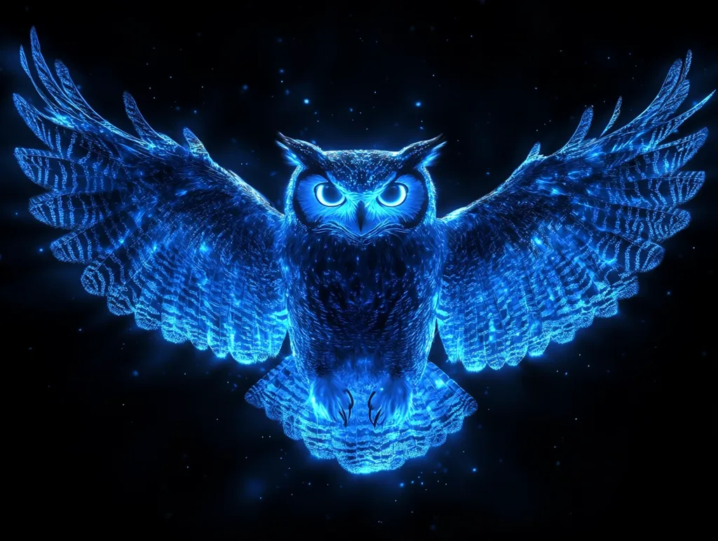 The image showcases a majestic owl rendered in a striking blue neon glow. Its wings are spread wide, creating a sense of motion and power. The owl's piercing eyes, sharp beak, and detailed feathers are highlighted against a dark, starry background, adding to the mystical and captivating nature of the image. The overall effect is one of ethereal beauty and nocturnal mystery.