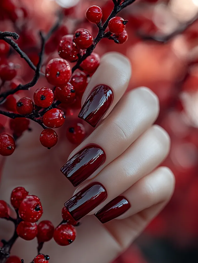 A hand with perfectly manicured, dark red nails is delicately positioned against a background of vibrant red berries and branches. The deep crimson polish creates a striking contrast against the rich, natural hues of the fruit and foliage. The image evokes a sense of elegance and sophistication.
