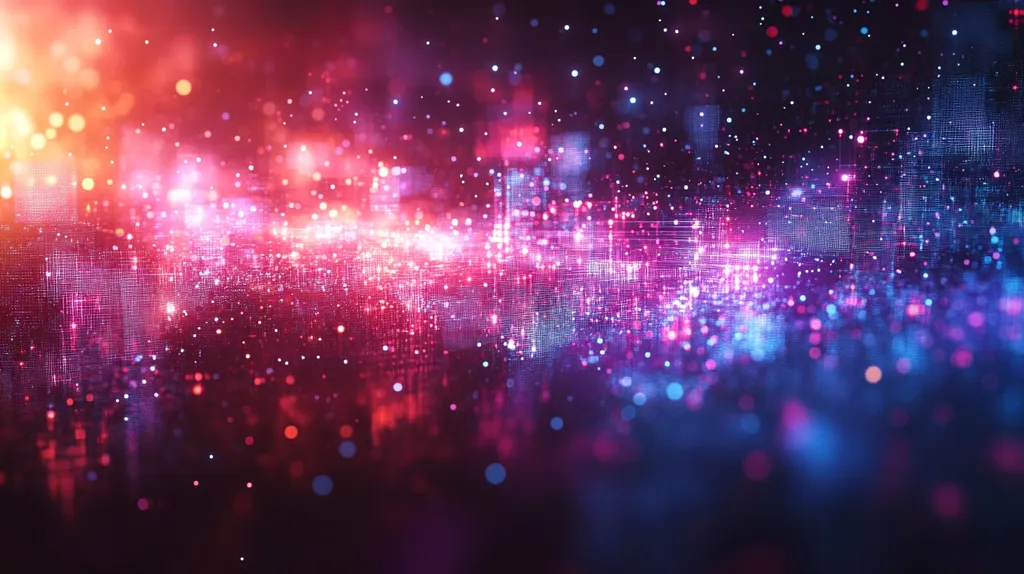 The image is an abstract digital art piece with a deep dark background.  There are glowing pink and blue lights of various sizes and a grid pattern in the top half of the image.  The lights are in a gradient pattern fading from a brighter pink at the top of the image to a darker blue at the bottom.
