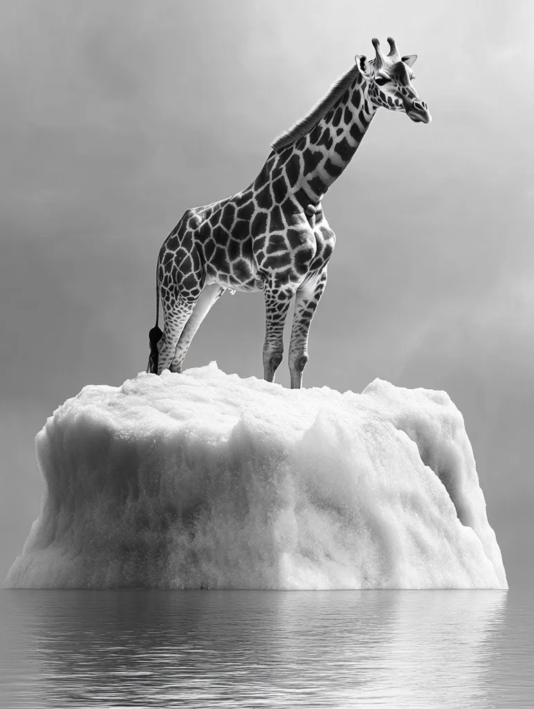 A solitary giraffe stands on top of a large iceberg, its long neck reaching towards the cloudy sky. The image is in black and white, highlighting the stark contrast between the giraffe's dark spots and the white ice. The iceberg is surrounded by calm, reflective water, creating a sense of isolation and contemplation. The scene evokes a sense of both beauty and fragility, perhaps suggesting the impact of climate change on the natural world.