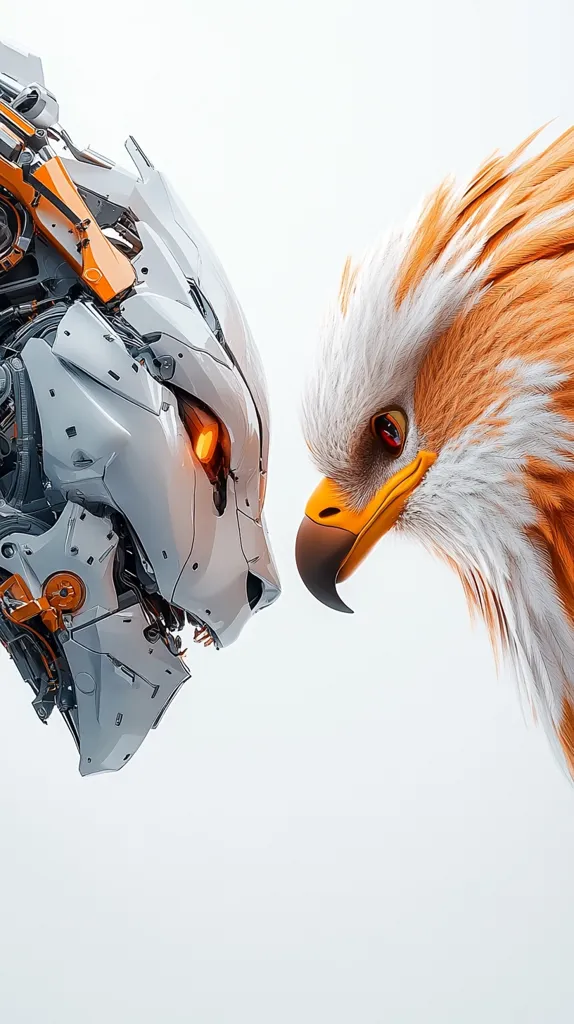 The image shows a close-up of a robotic animal, likely a dog or wolf, facing a realistic eagle. The robotic animal is made of metal and has orange and white accents. The eagle has a sharp beak and piercing red eyes. They are facing each other in a tense standoff, highlighting the contrast between nature and technology. The white background emphasizes the confrontation.