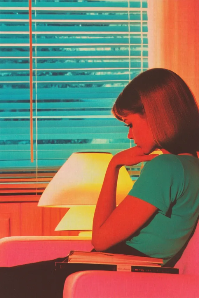 A woman with short brown hair sits in a chair, resting her chin on her hand and looking down. The room is bathed in warm orange light, and the only other object visible is a lamp with a white shade, casting a yellow glow. A window with blinds, reflecting a turquoise hue, is behind her.
