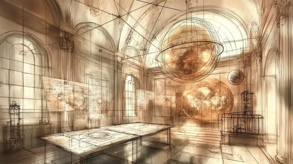The image shows a large, ornate room with a vaulted ceiling and several windows. There are maps on the walls, and a large, spherical globe hangs from the ceiling. The globe is illuminated by a light source, casting a warm glow on the room. The room is filled with a sense of mystery and grandeur. The image is drawn in a sepia tone, giving it a vintage look. The image evokes a feeling of exploration and discovery.