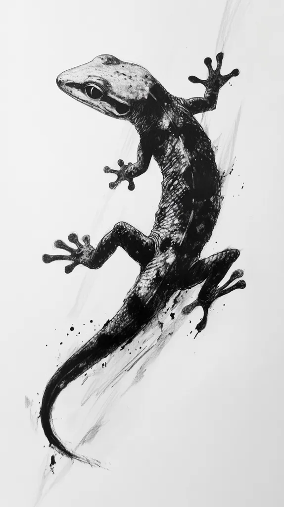 The image is a black and white illustration of a gecko climbing a wall. The gecko is drawn with a lot of detail, including its scales and its long, slender toes. The wall is rendered with a few brushstrokes, giving it a textured look. The gecko is climbing up the wall, and its tail is curled around the wall. The image is done in a minimalist style, with only the essential details of the gecko and the wall being shown.