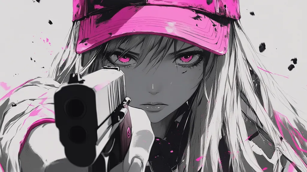 The image depicts a young woman with long white hair and a pink baseball cap, holding a gun with a determined expression on her face. The image is drawn in a manga style, with bold lines and striking contrasts. Her pink eyes are piercing, and the gun is prominently displayed, creating a sense of tension and danger. The overall aesthetic is dark and edgy.